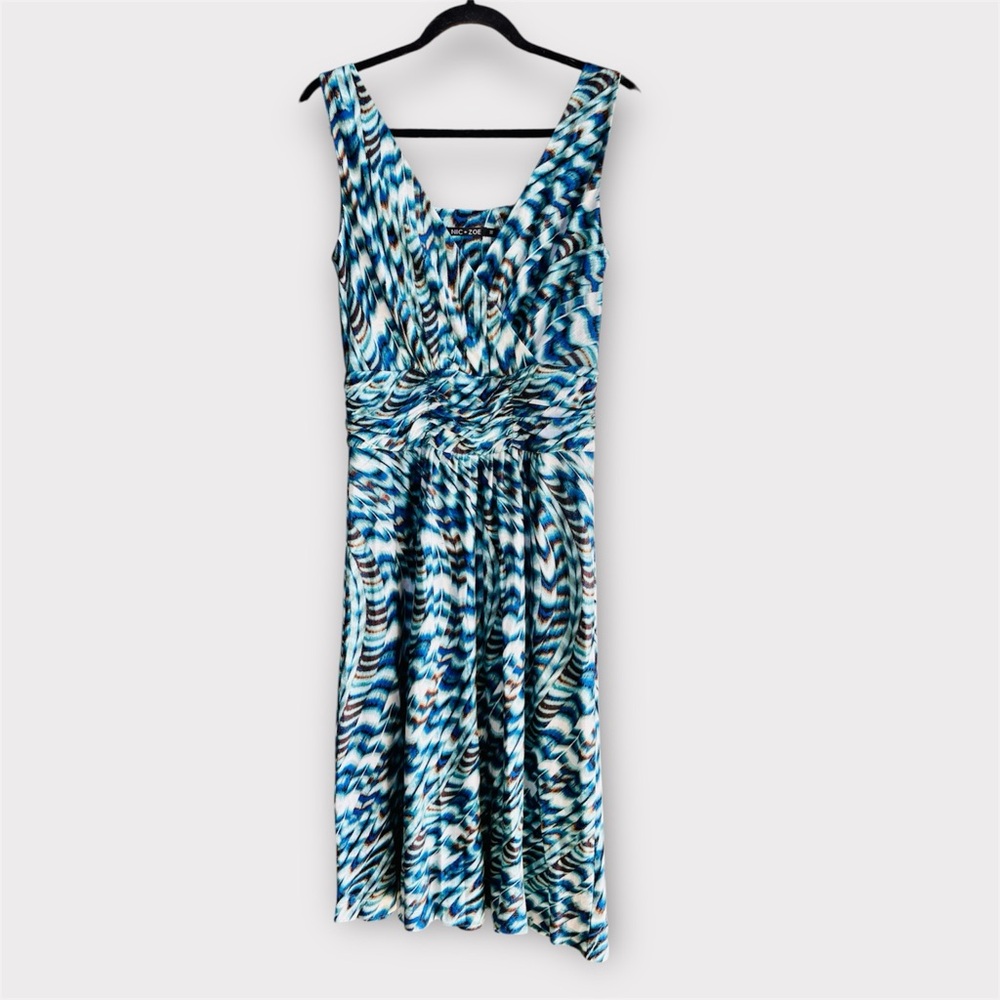 NIC+ZOE Blue Abstract Print Sleeveless Dress Ruched Waist Flowy Size M